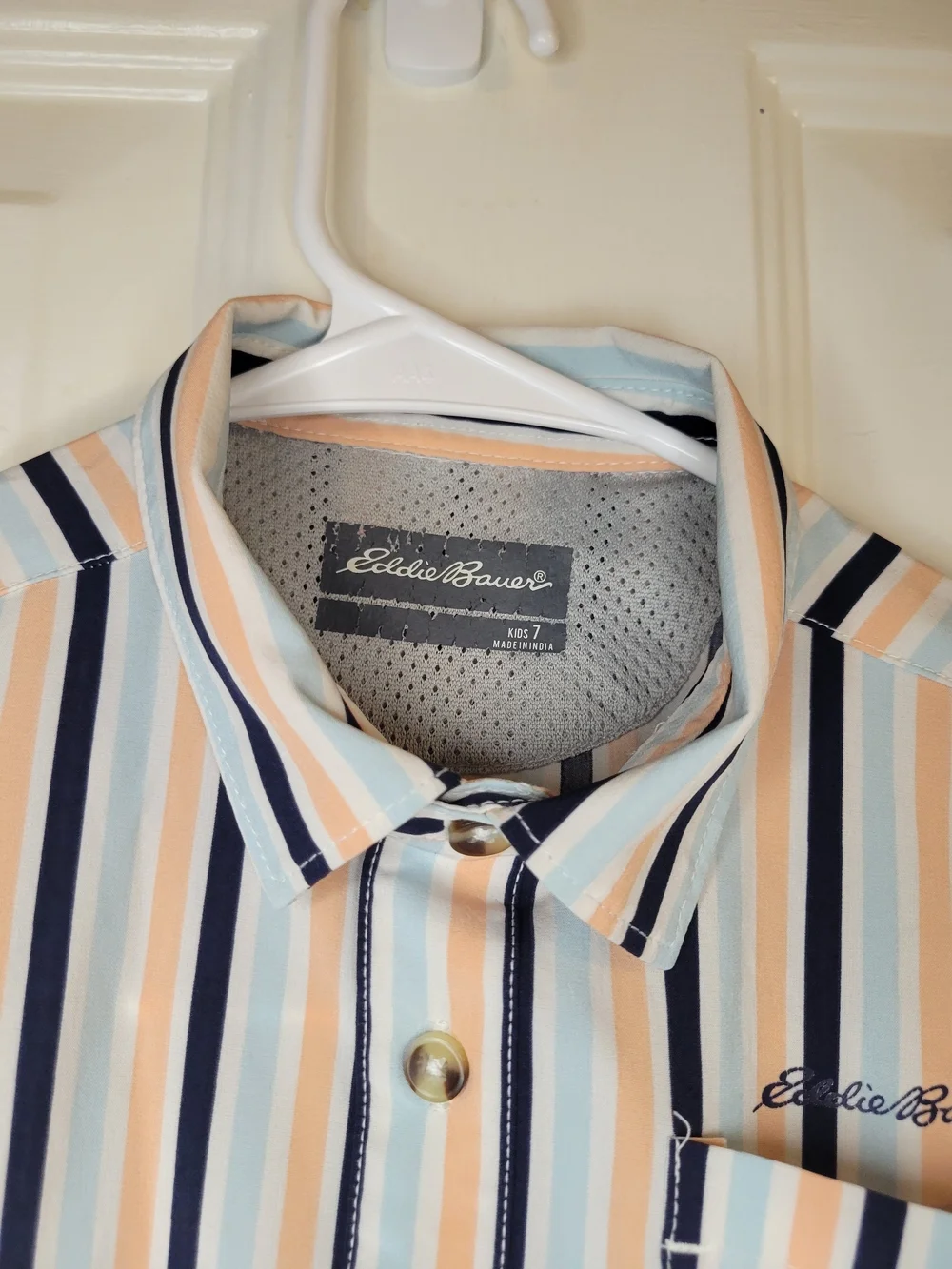 Eddie Bauer Men’s Short Sleeve Stripe Button-Up Shirt - White/Blue/Tan